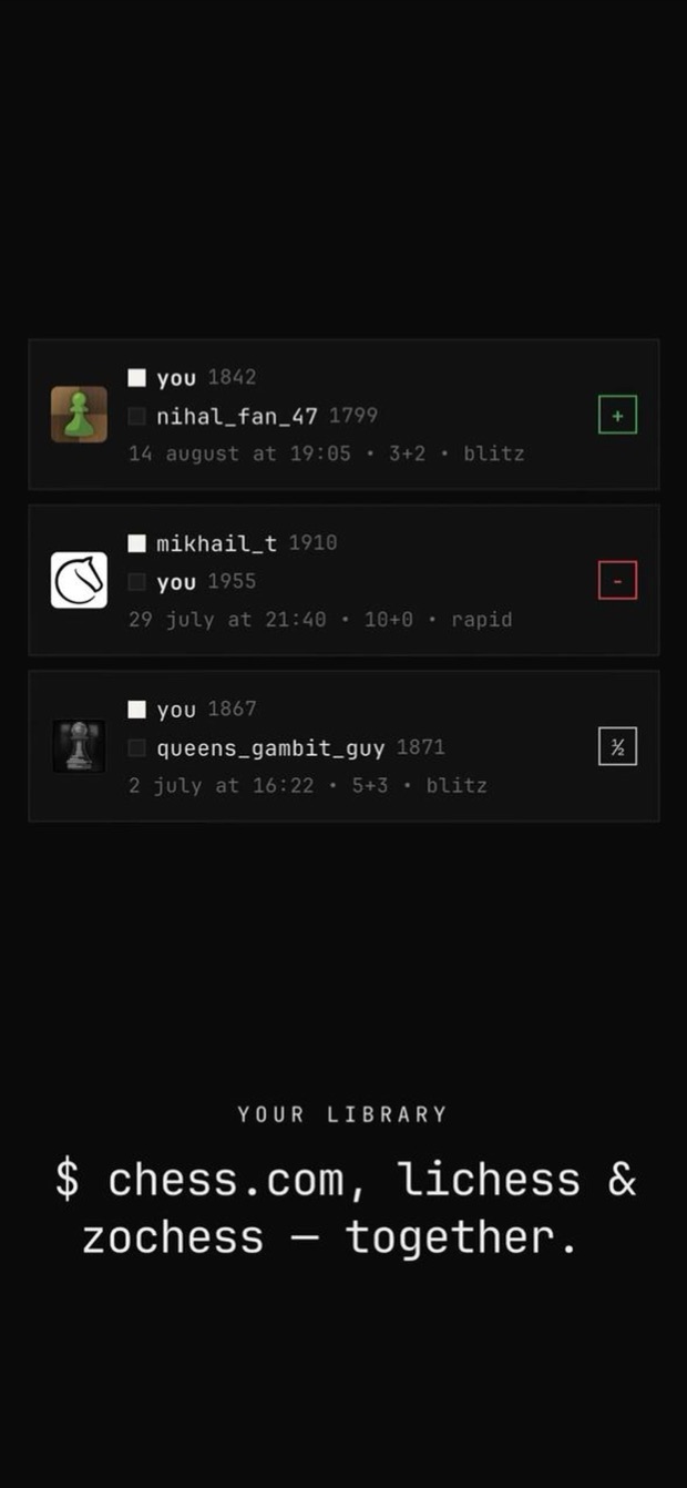 a list of games from different platforms with results and time controls