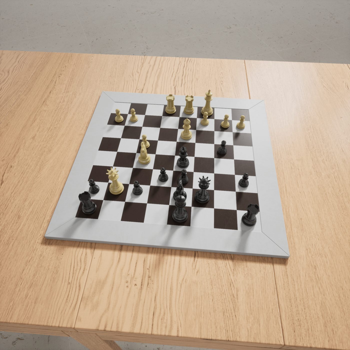 a chessboard on a wooden table, seen at an angle, with 24 pieces on it